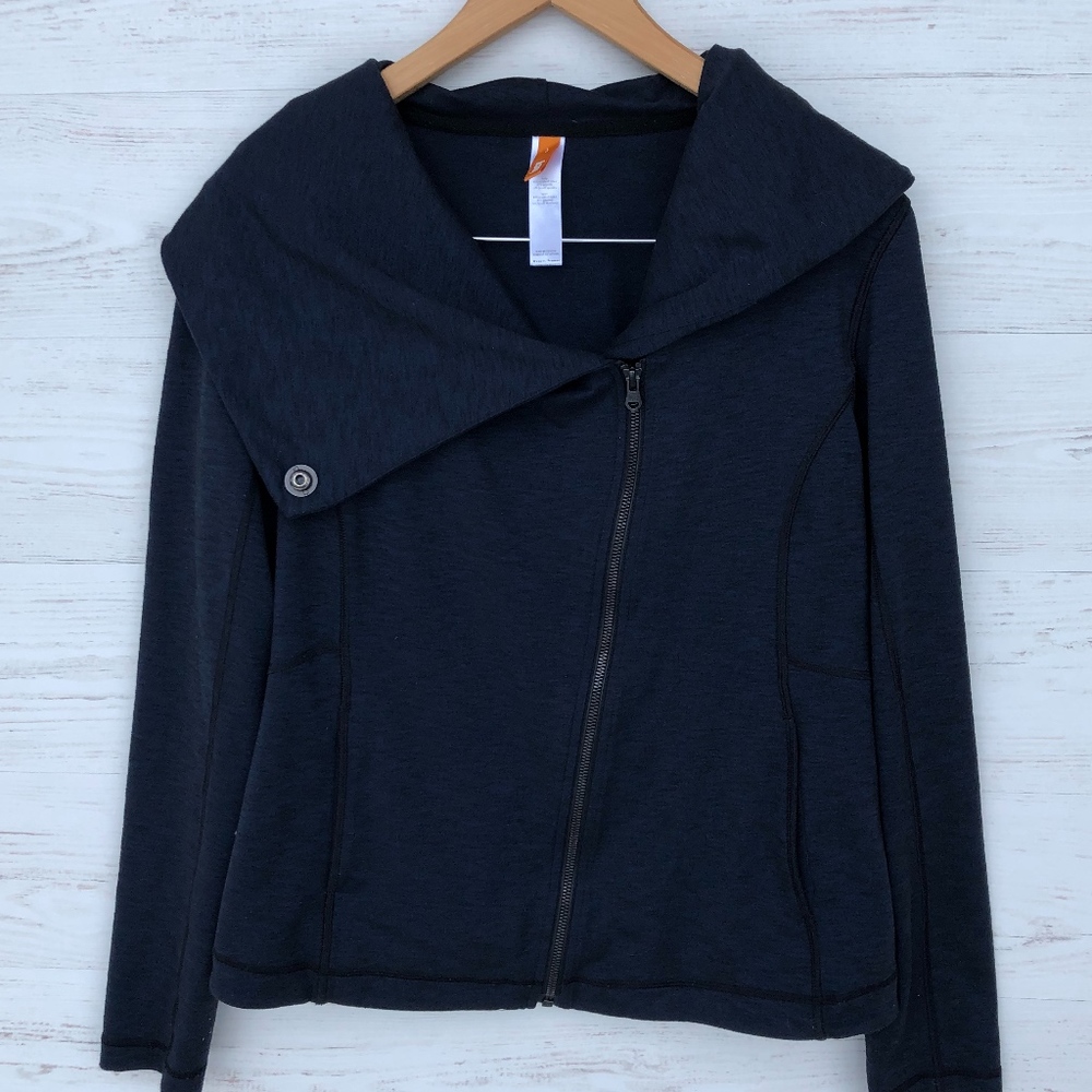 Lucy Asymmetrical zip cowl collar jacket L navy